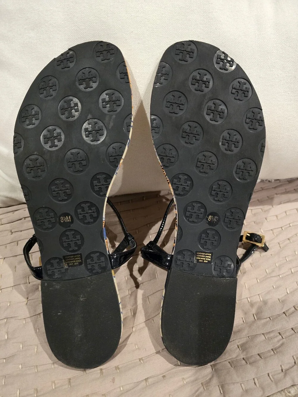 Tory Burch Navy, Orange & Cream Floral Patent T-Strap Sandals